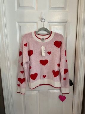 Nanette Lepore Pink Crewneck Sweater with Red Heart Pattern